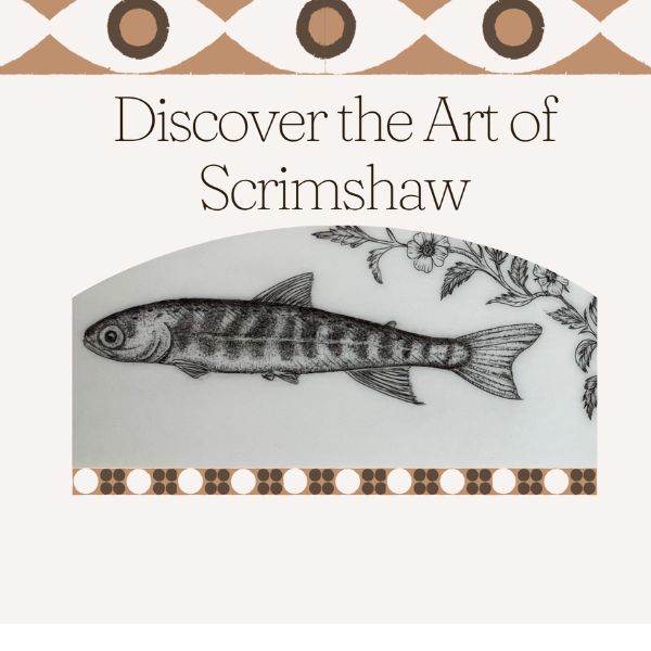 a scrimshaw fish and flowers with a graphic border.