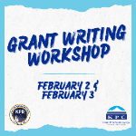 light blue background with dark blue text: Grant Writing Workshop, February 2 and February 3. KPC Logo and Kenai Borough logo.