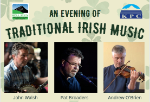 Light yellow background with green shamrocks and logo for KDLL 91.9 and KPC. Features photos of three men: John Walsh, Pat Braoders, and Andrew O'Brien. Text says An evening of traditional Irish music.
